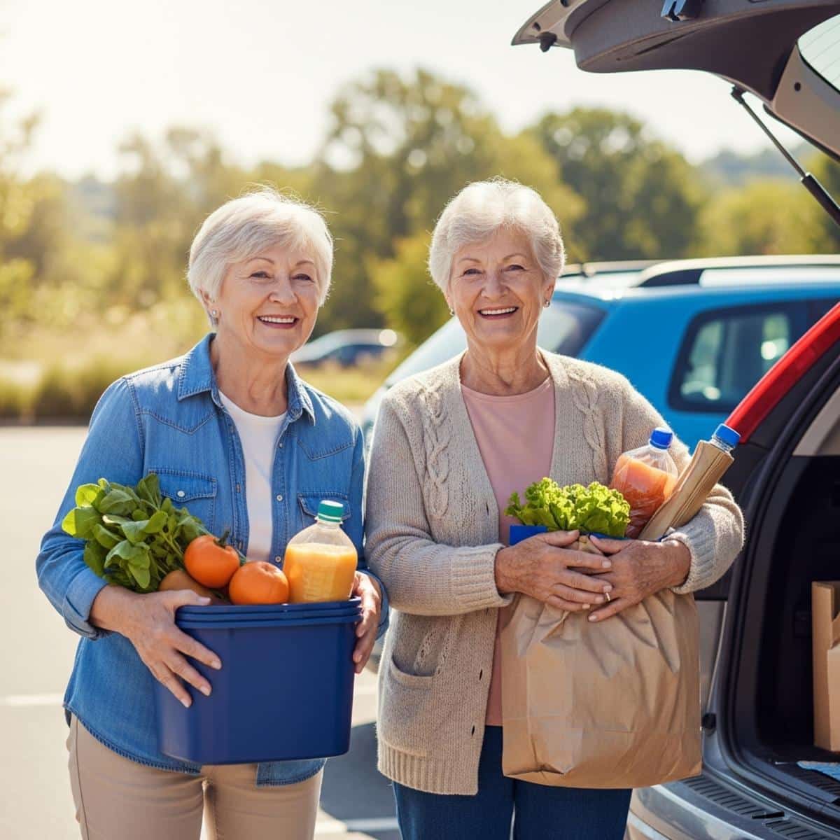 Two older women loading groceries together in parking lot, both smiling, centered full-body view