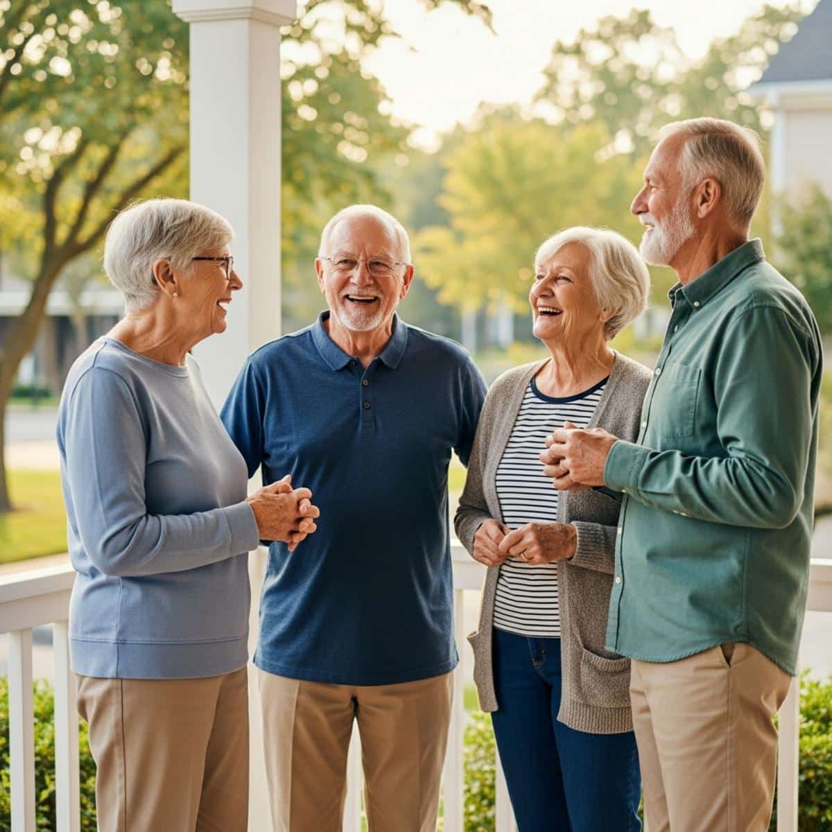 Three older adults chatting together on porch, all smiling, centered full-body group view