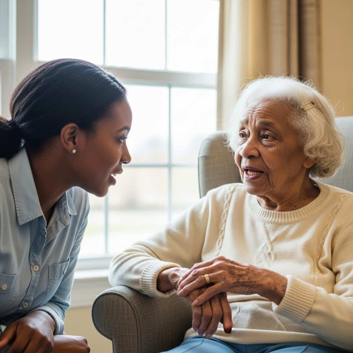 Older woman sitting on the edge of a bed in a new assisted living room surrounded by a few personal items, waist-up centered view