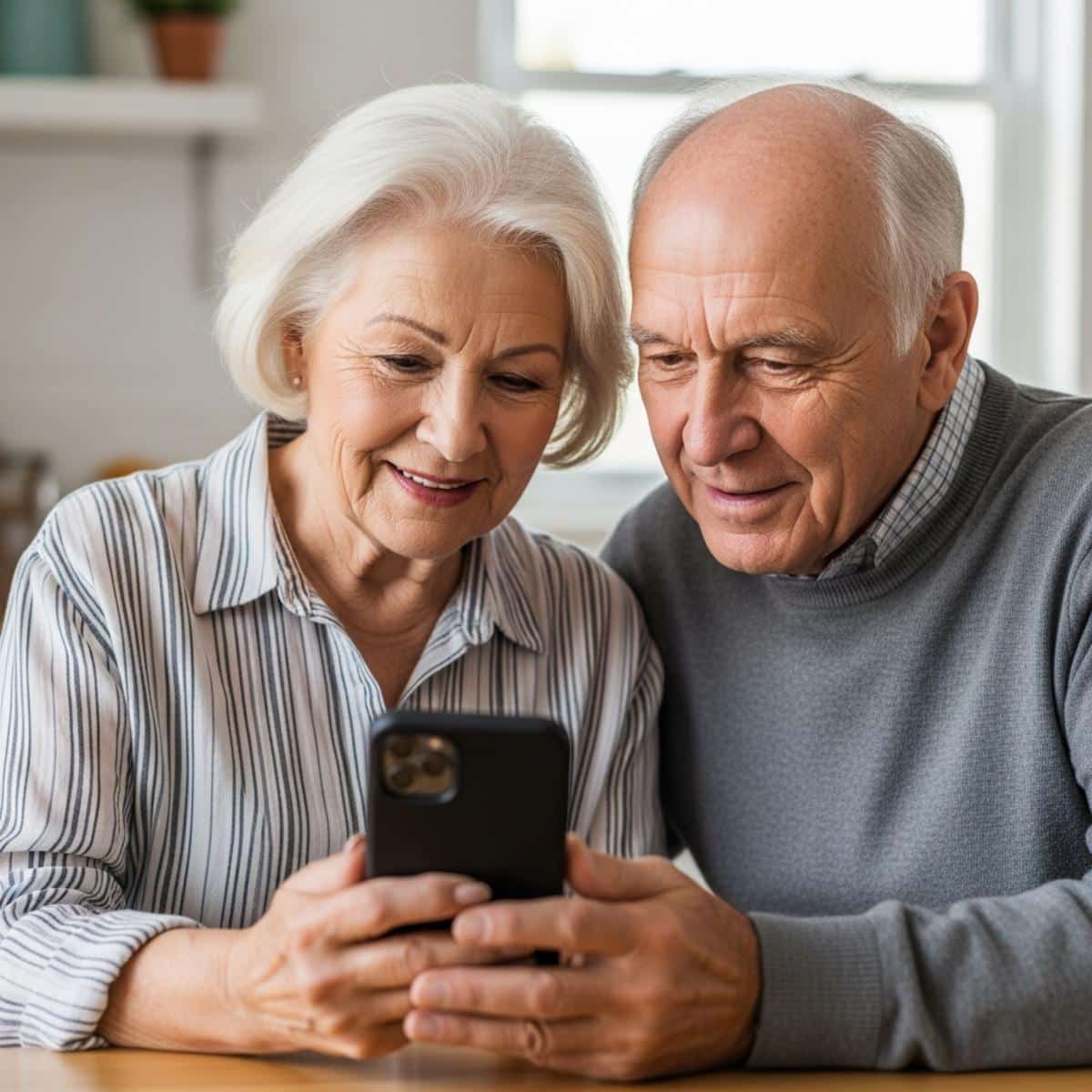 Older couple at a kitchen table leaning together over a smartphone screen with engaged and amused expressions, waist-up centered view
