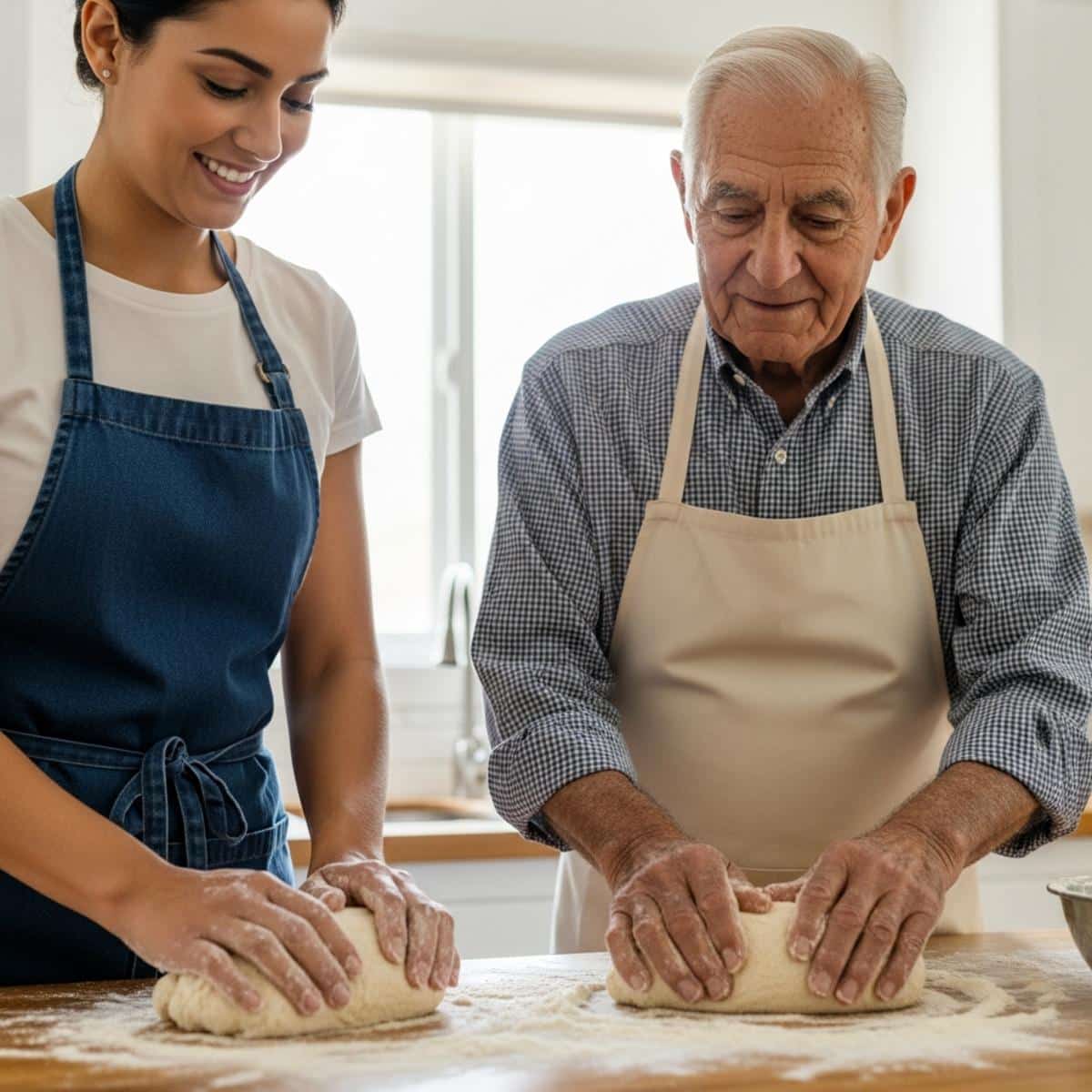 Older woman and adult daughter leaning over an open cookbook at a kitchen table, waist-up centered view