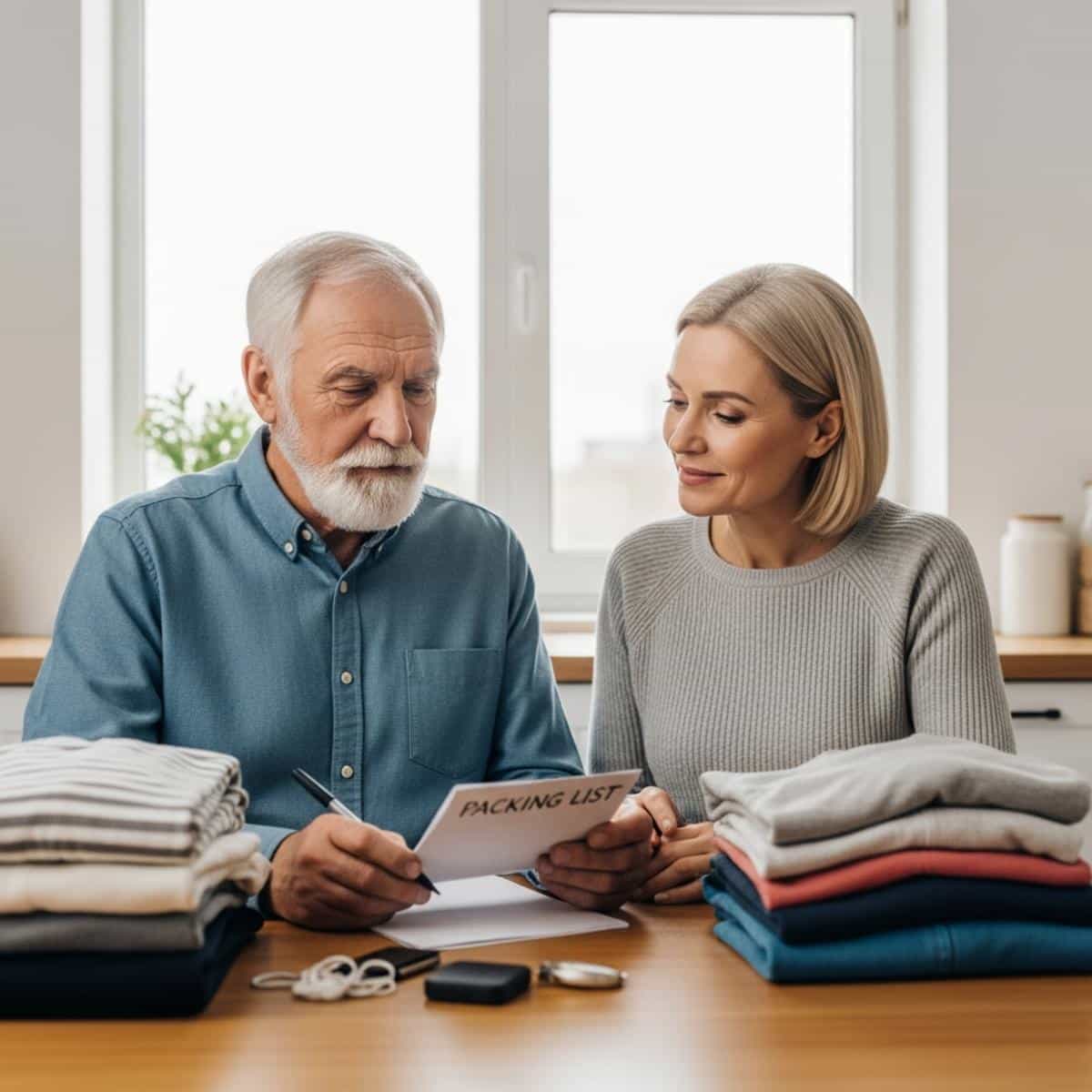 Older man and adult daughter reviewing a packing list with folded clothing at a kitchen table, waist-up centered view