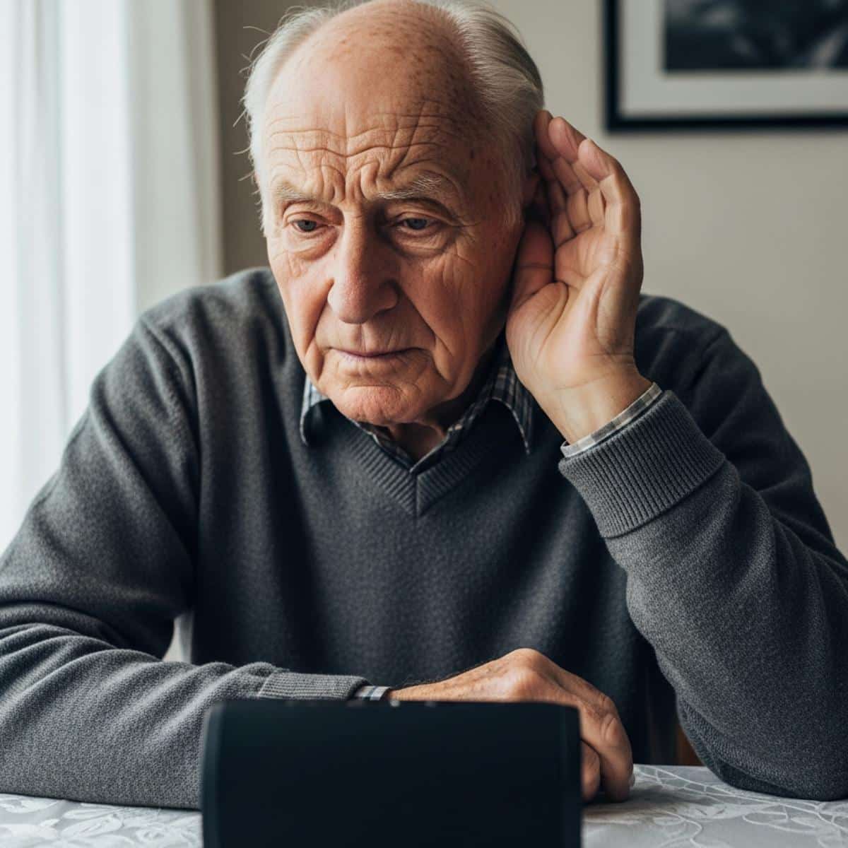Older man leaning forward with hand near his ear listening closely to a Bluetooth speaker on a small table, waist-up centered view