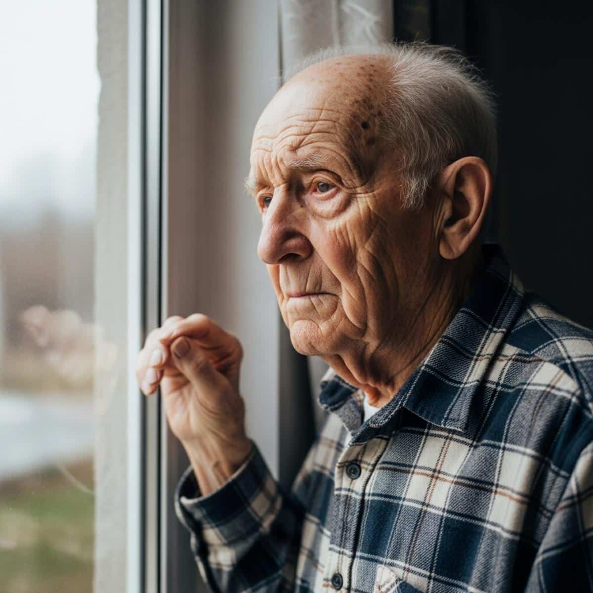 Older man standing at window with quiet melancholy expression and hand resting on sill, waist-up centered view