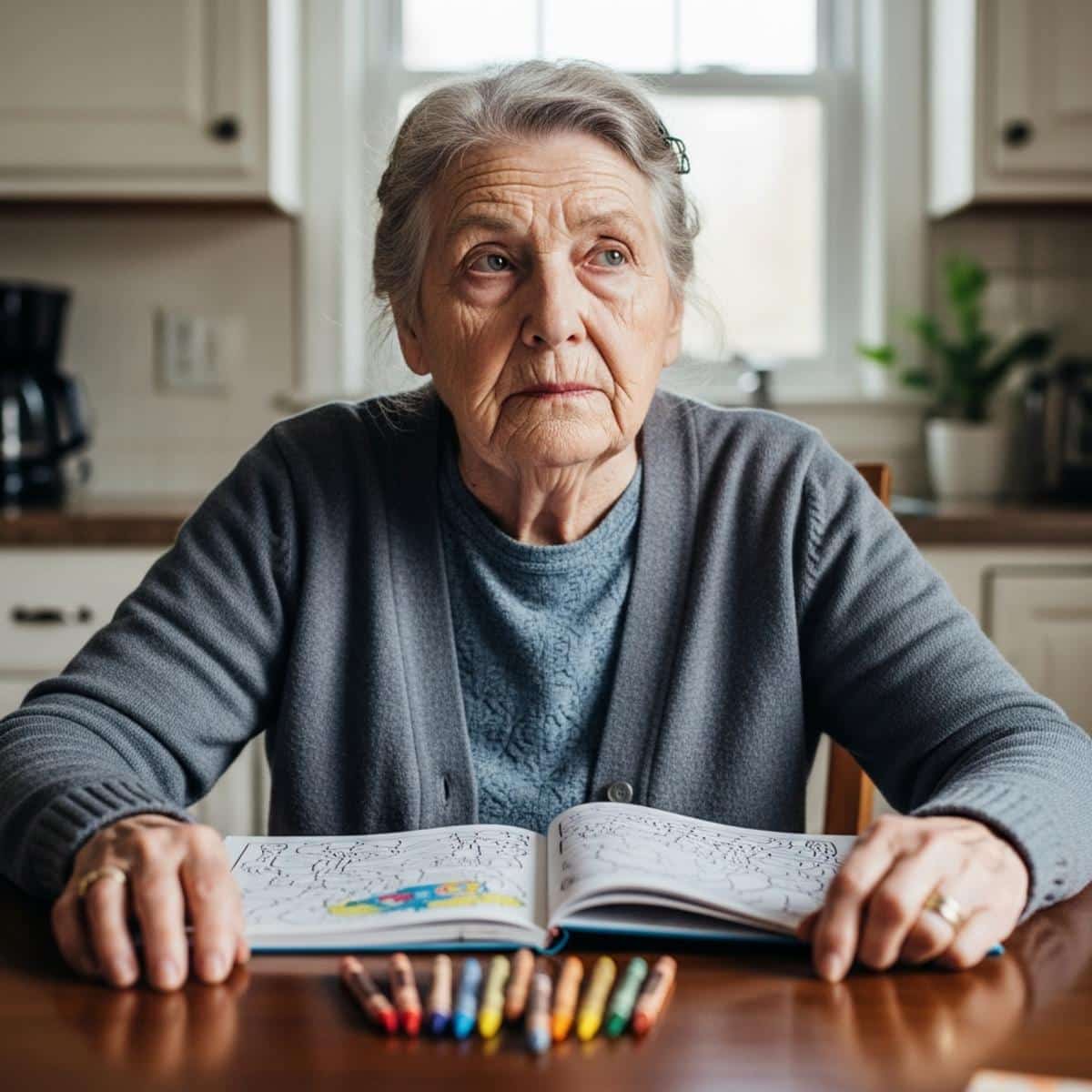Older woman sitting at a kitchen table with an open coloring book and crayons in front of her, looking away with a distant expression, waist-up centered view