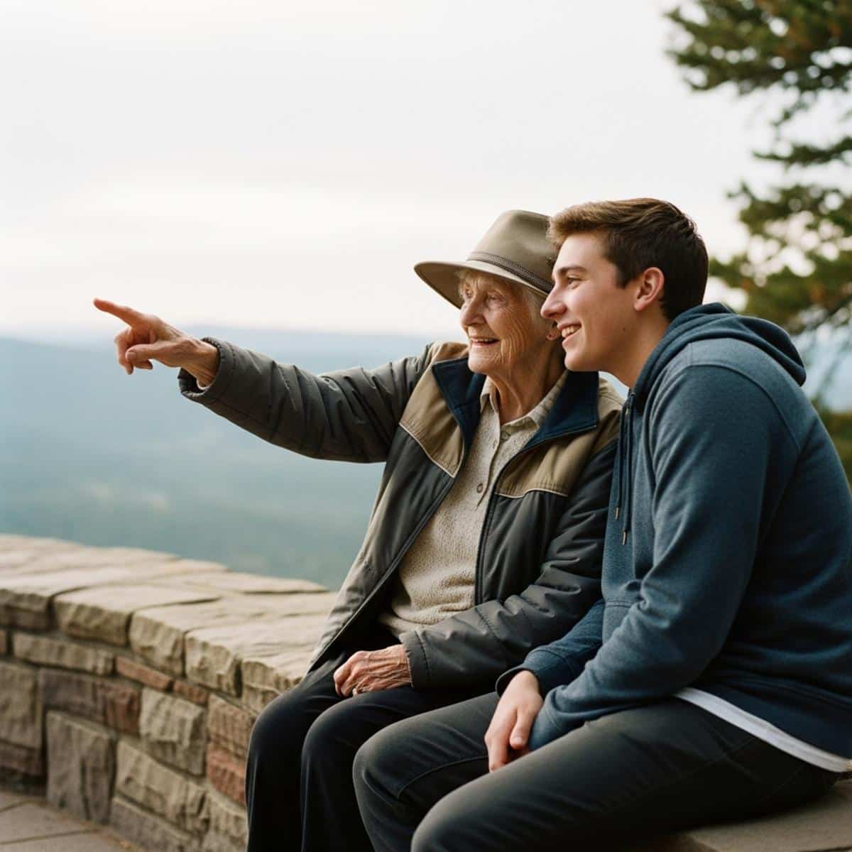 Older woman with walking cane standing at a paved canyon overlook, gazing at the view in a wide-brim hat and layered clothing, three-quarter centered view