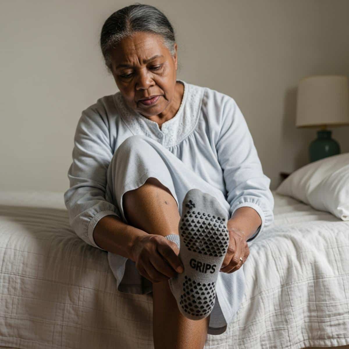 Older woman in grip socks and robe pausing on a hardwood kitchen floor in morning light, full-body centered view