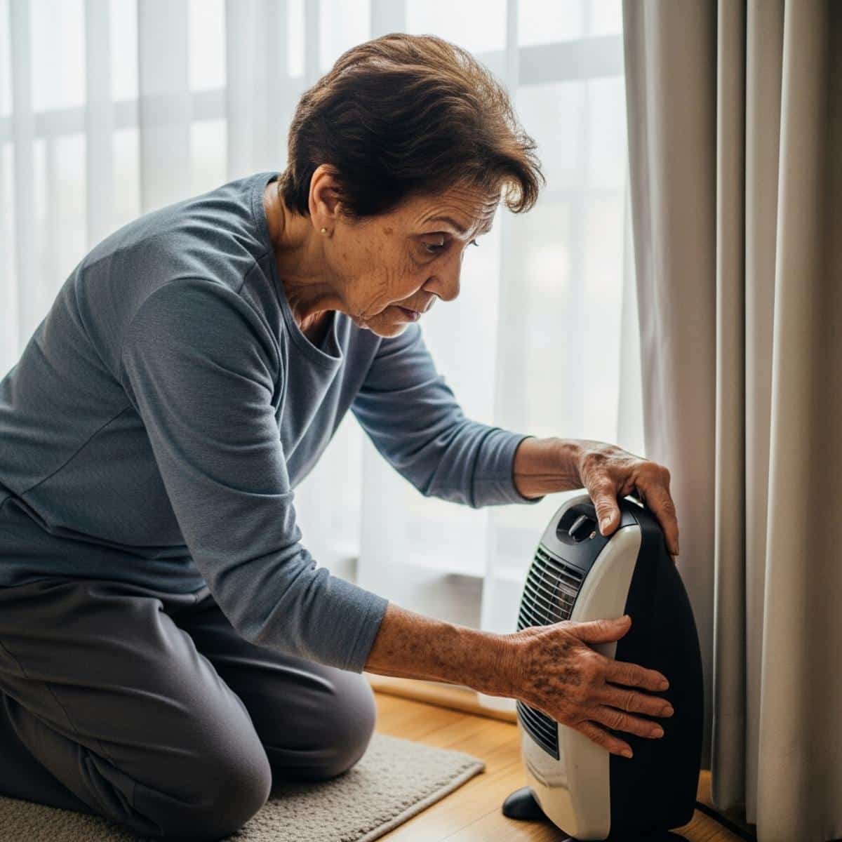 Older woman sitting on bed edge with electric blanket on lap while caregiver adjusts the control panel, waist-up centered view