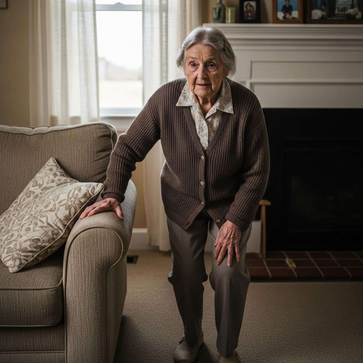 Older woman pausing mid-step and steadying herself on a sofa back in a sunlit living room, full-body centered view
