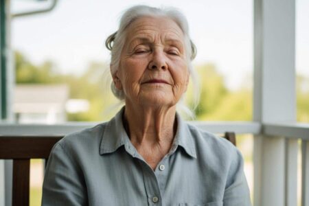 Older woman with natural white hair sitting on a porch bench with face tilted toward open sky, eyes gently closed, waist-up centered view