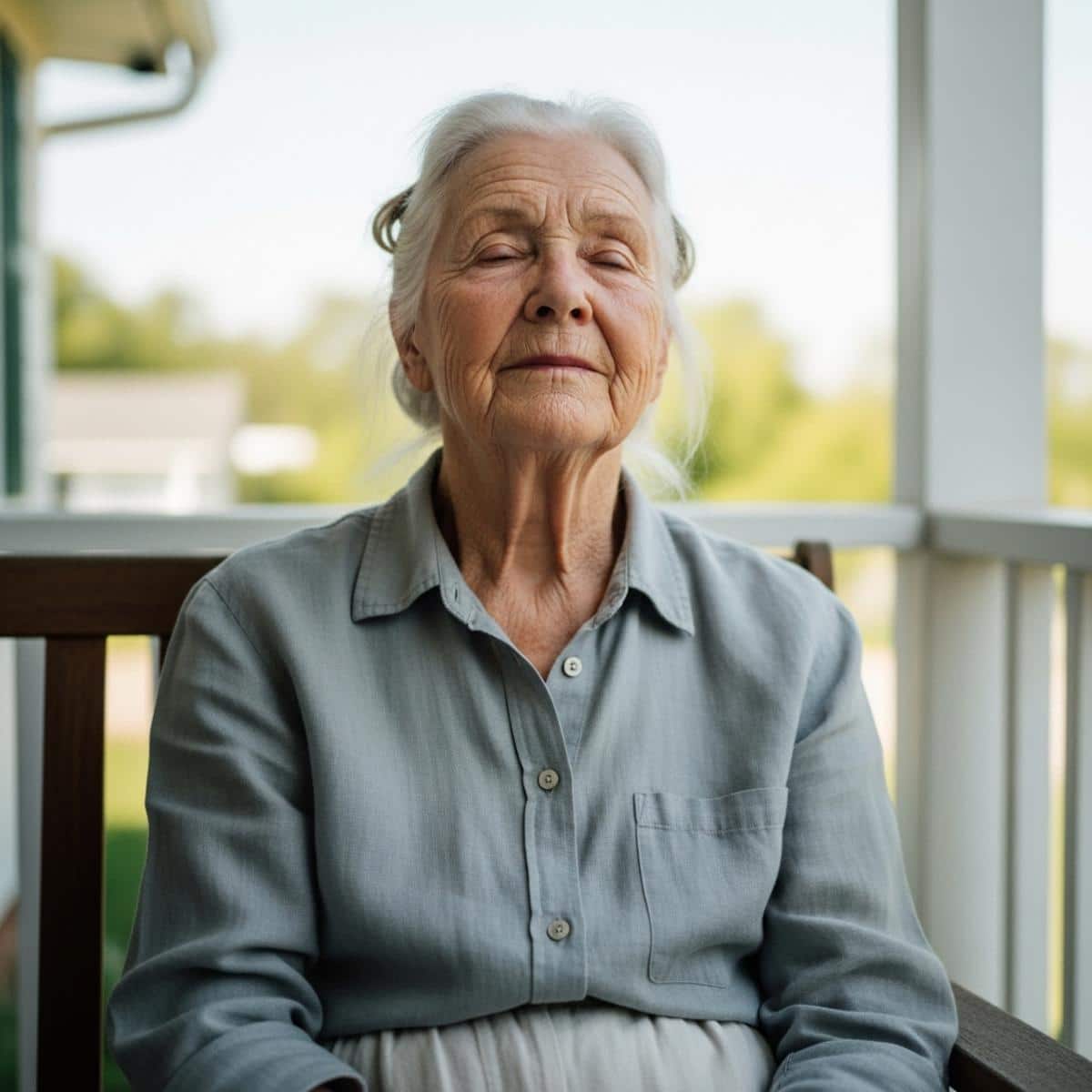 Older woman with natural white hair sitting on a porch bench with face tilted toward open sky, eyes gently closed, waist-up centered view