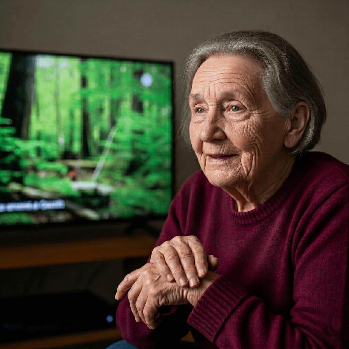 Older woman in a cardigan seated in an armchair facing a large window, watching tree branches move outside, waist-up centered view