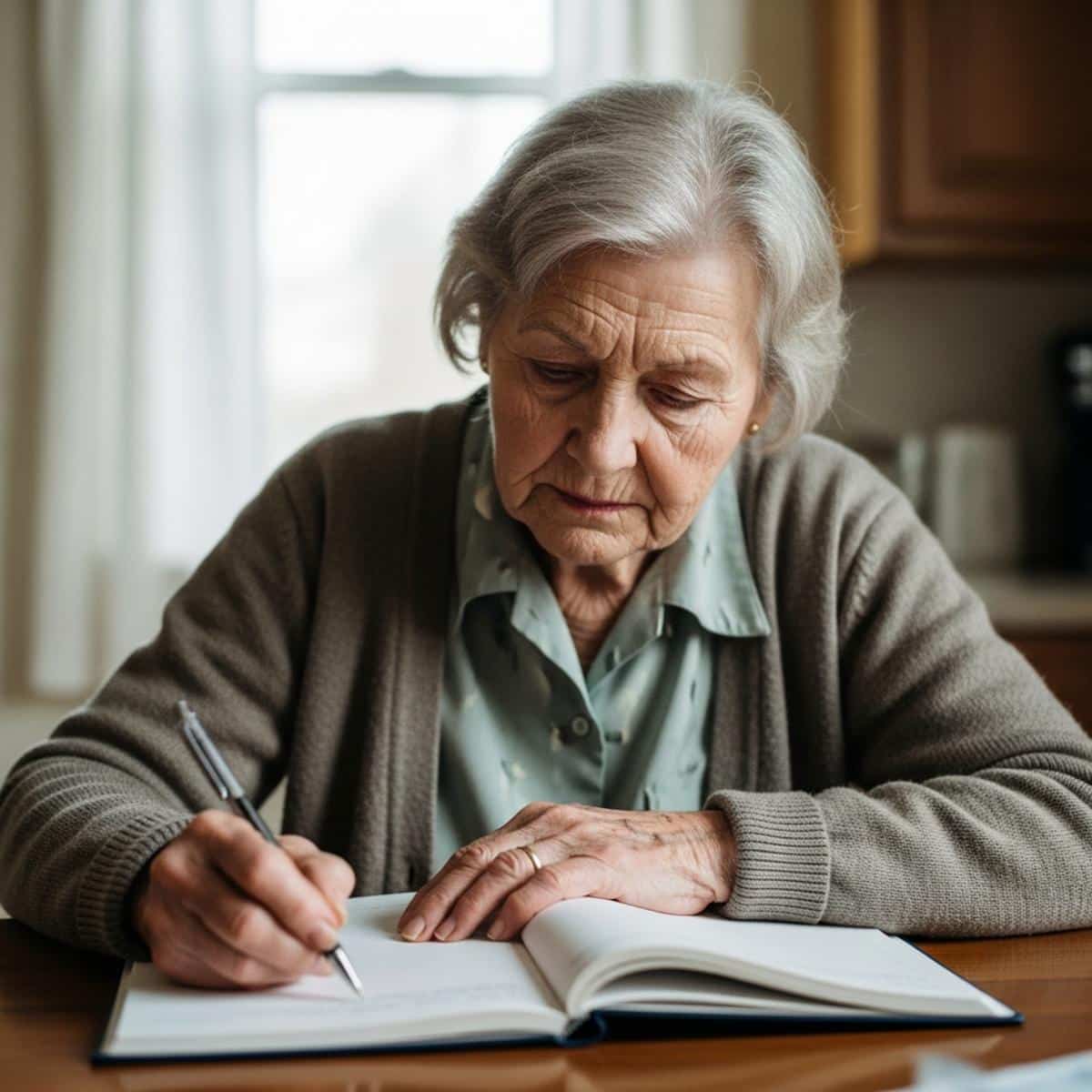 Older woman in cardigan writing in an open journal at a kitchen table, waist-up centered view with pen and journal visible