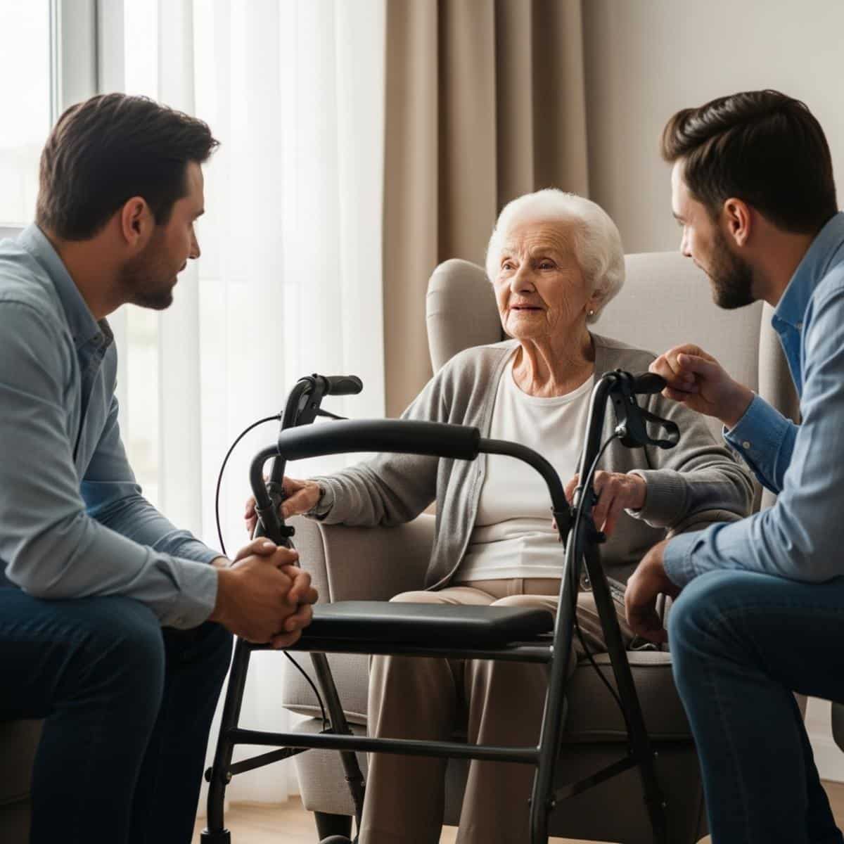 Elderly woman sitting in armchair with walker nearby speaking to attentive family members in a living room, centered three-quarter view
