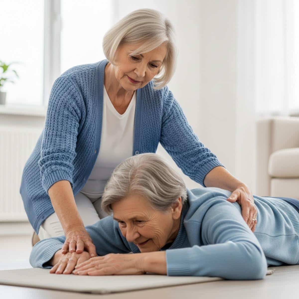 Caregiver woman kneeling beside older person on floor, demonstrating proper support technique, centered three-quarter view