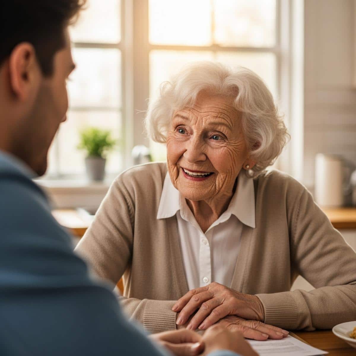 Older grandmother leaning forward sharing a story with a young adult grandchild at a kitchen table, waist-up centered view