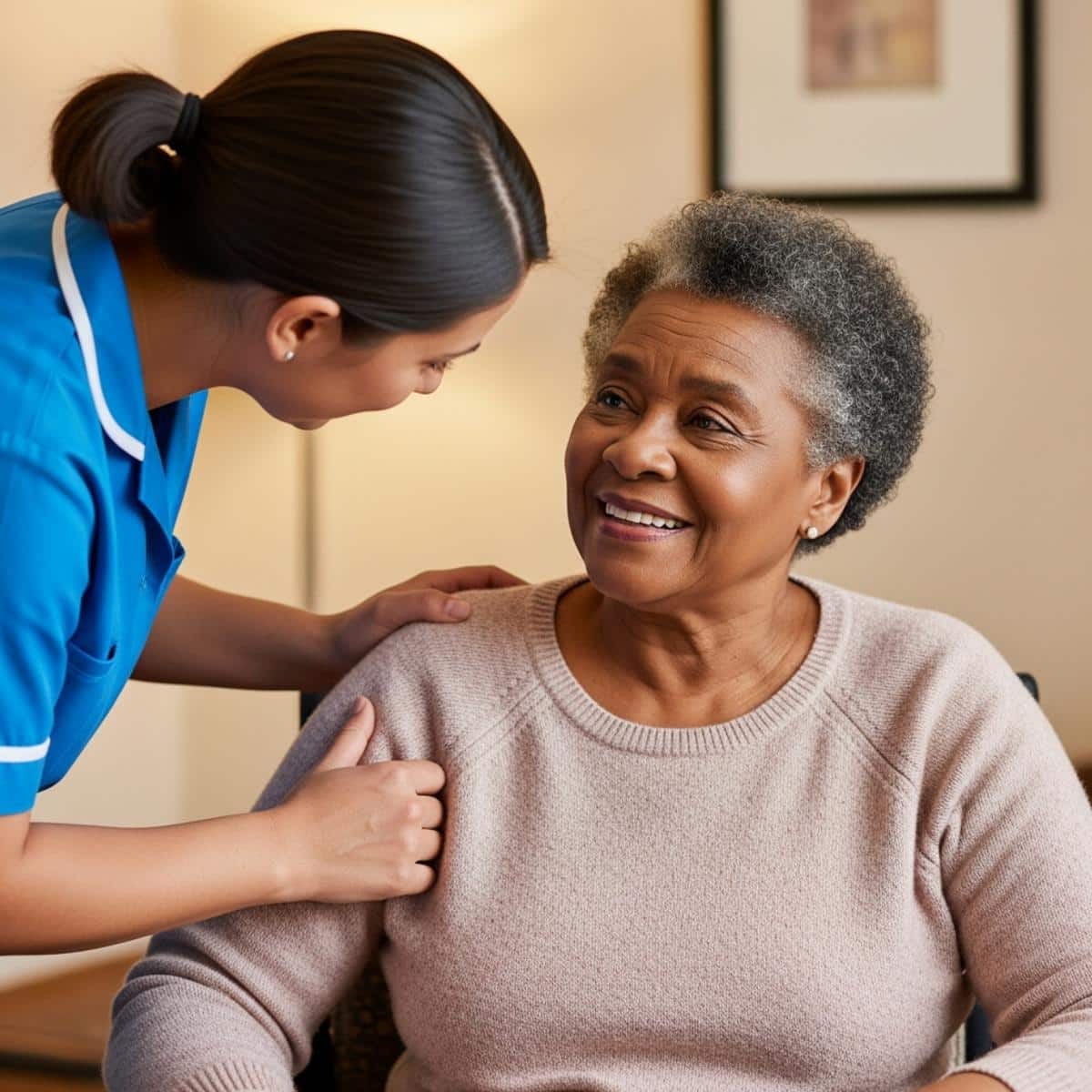 Nursing assistant providing attentive care to older woman resident, centered waist-up view of caregiving moment