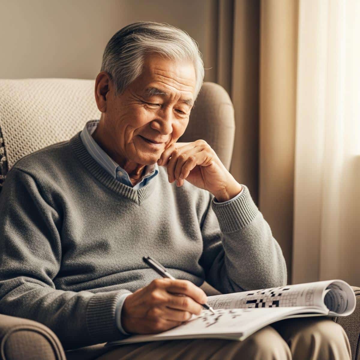 Older man in armchair working on crossword puzzle with pen, three-quarter centered view