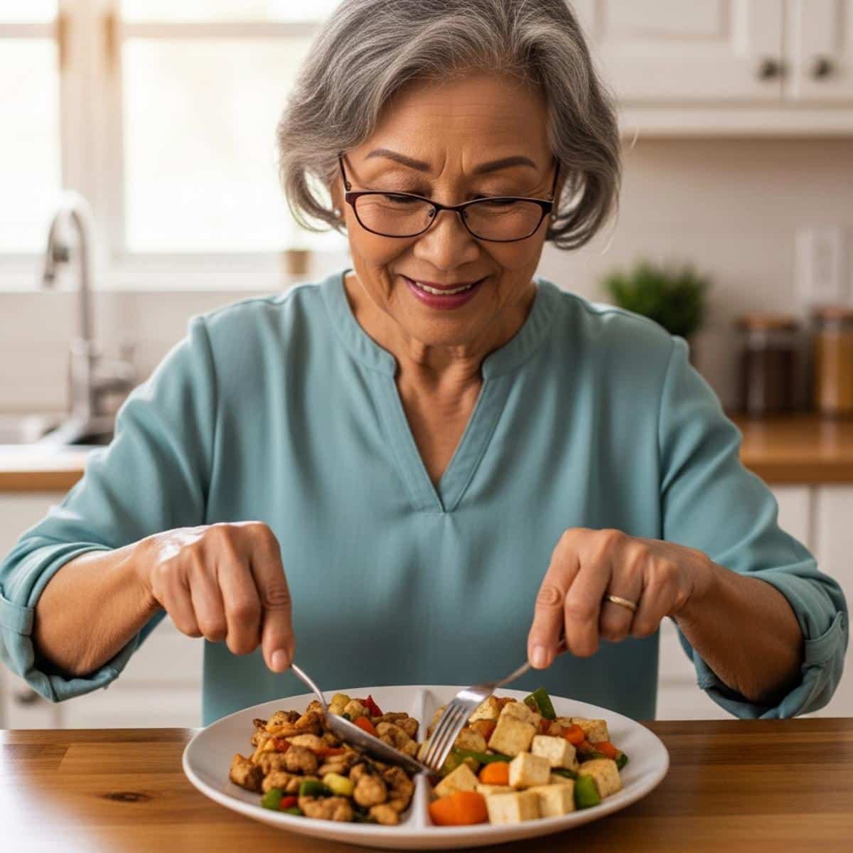 Older woman at kitchen counter dividing stir-fry between chicken and tofu halves on a plate, waist-up centered view