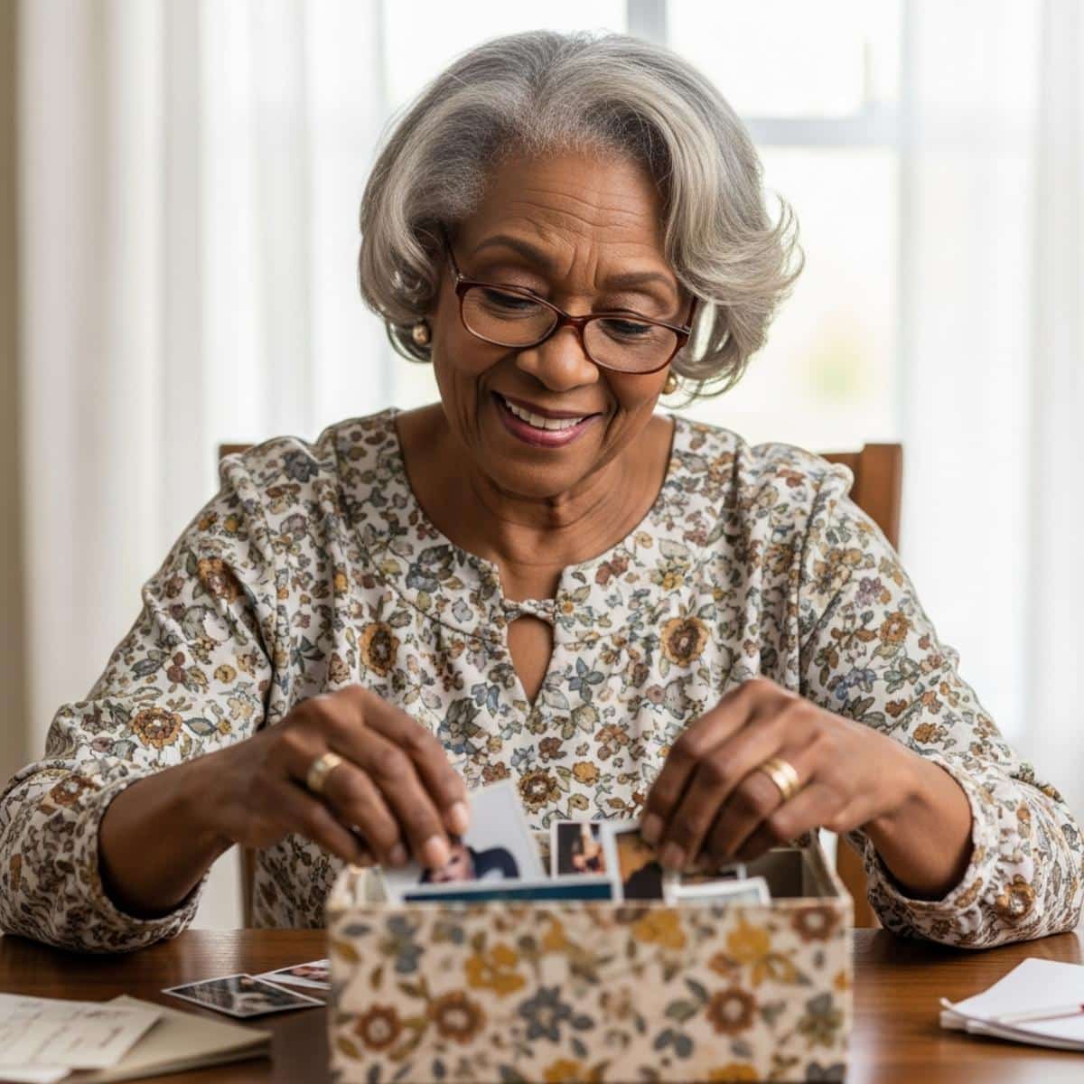 Older Black woman with reading glasses arranging photographs and keepsakes in memory box at table, centered waist-up view