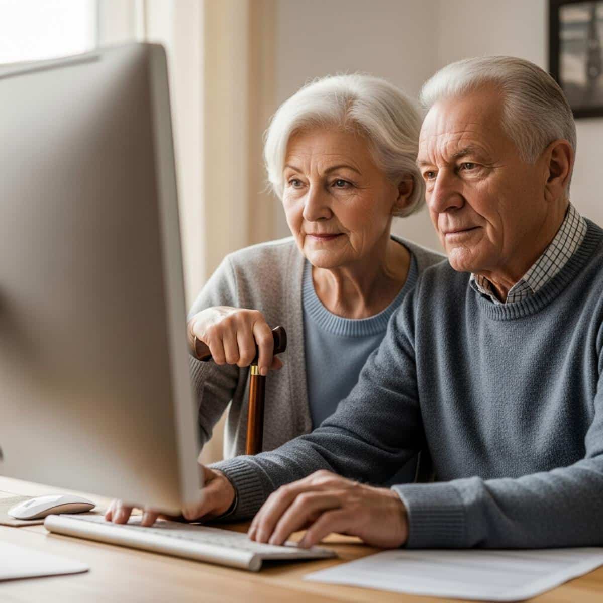 Older couple at computer reviewing information, woman with cane, centered waist-up view
