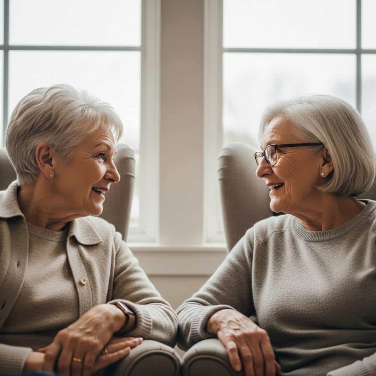 Older couple sitting face-to-face in armchairs engaged in conversation, centered waist-up view