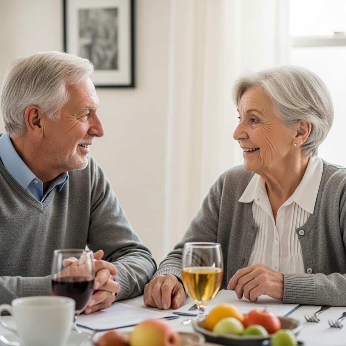 Older couple seated together at table in conversation, centered waist-up view