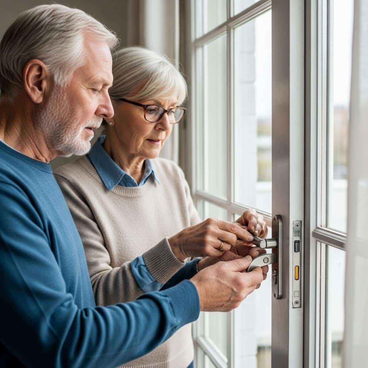 Older couple together installing accessible door handle, waist-up centered view