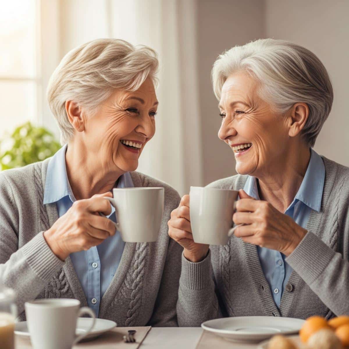 Older couple seated together at breakfast table each holding a coffee mug and laughing warmly, waist-up centered view