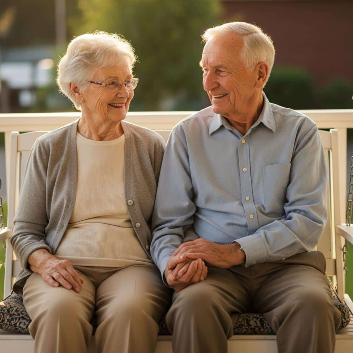Older couple sitting together on porch swing holding hands, three-quarter centered view showing affection