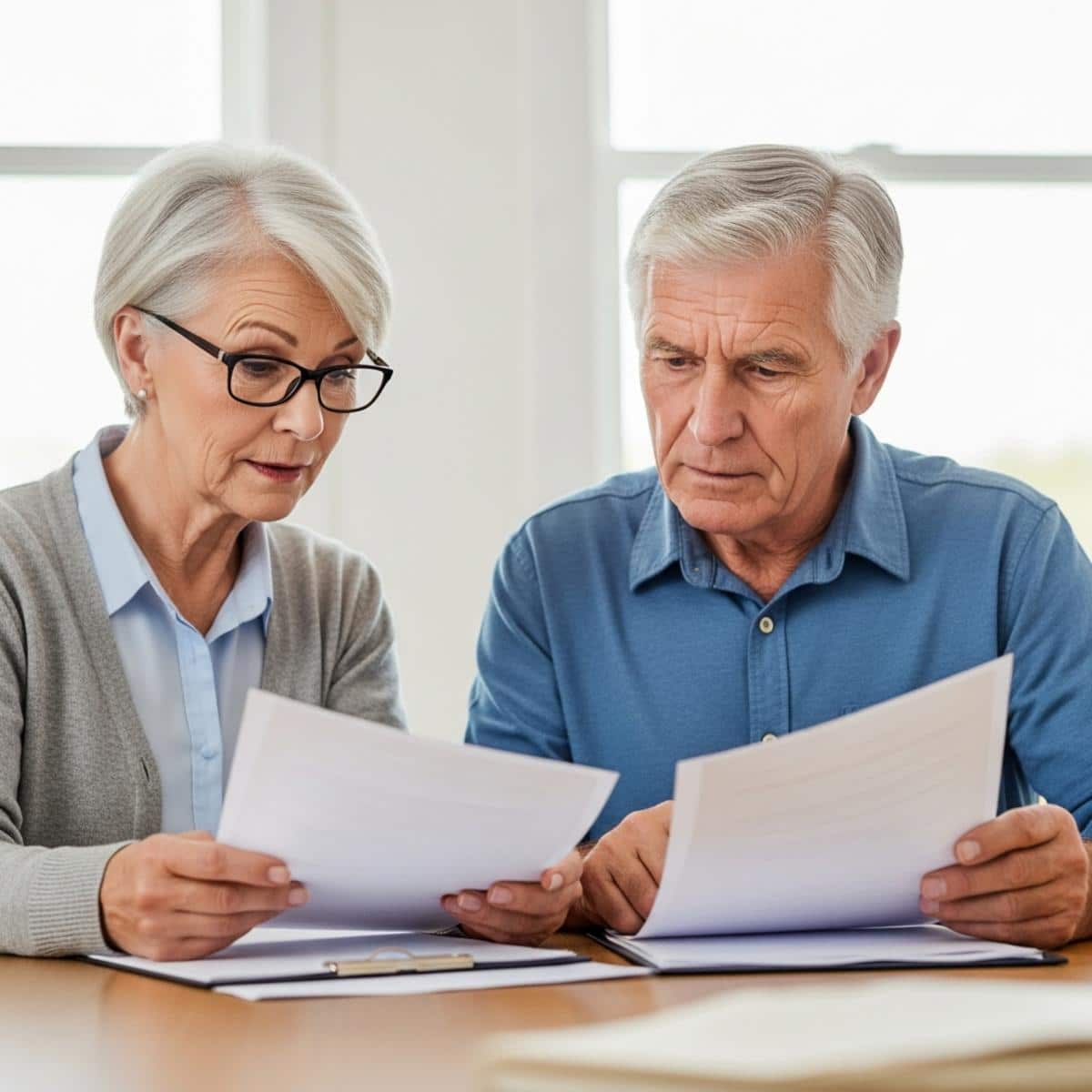 Older couple reviewing documents at table with reading glasses, waist-up centered view