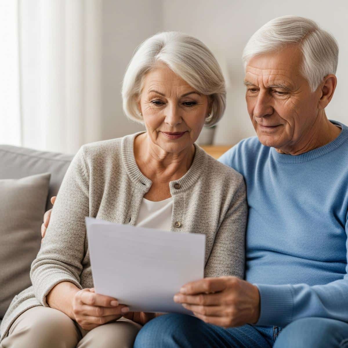 Older couple sitting on a sofa reviewing a document together in a living room, waist-up centered view