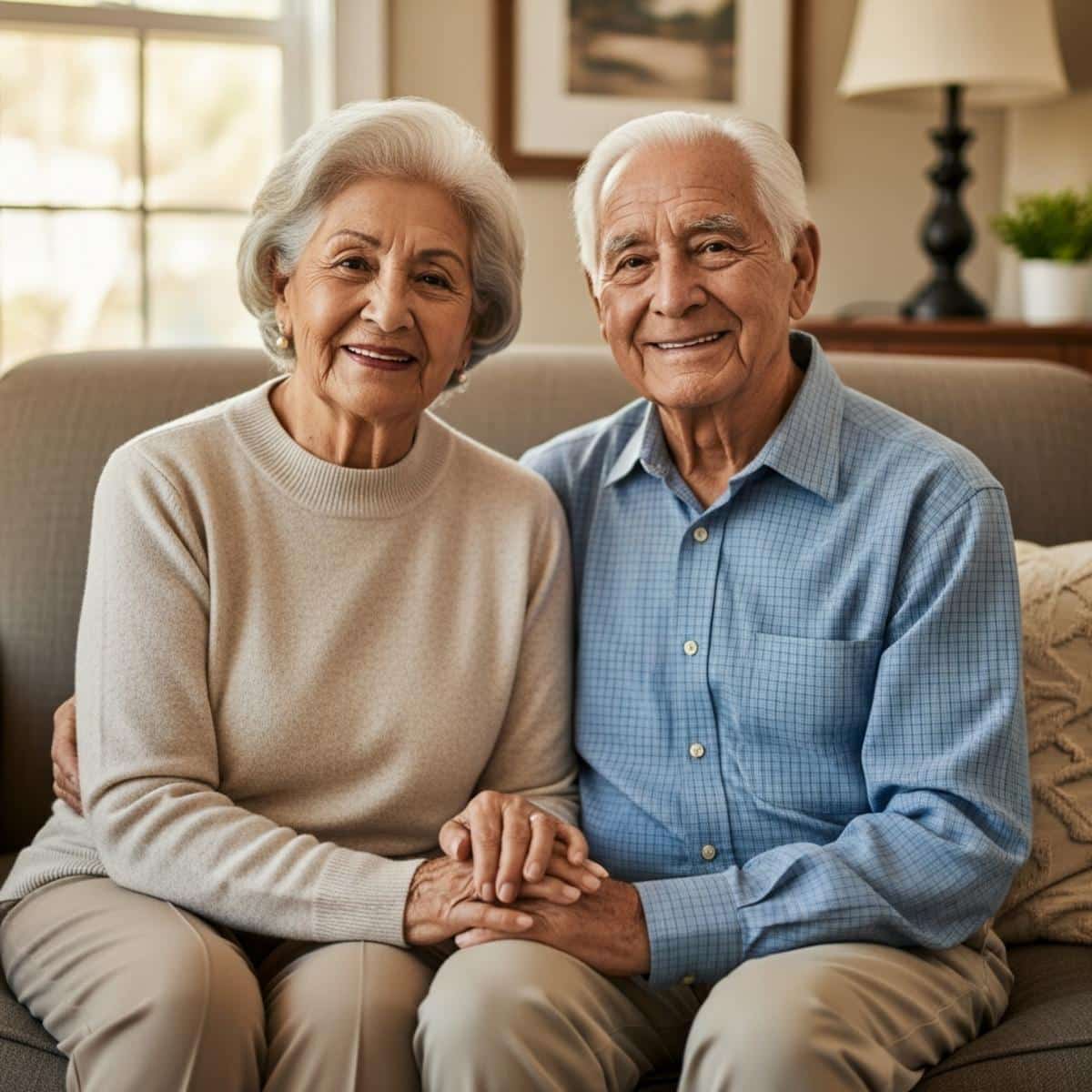 Older couple sitting together holding hands in senior community living room, centered waist-up view