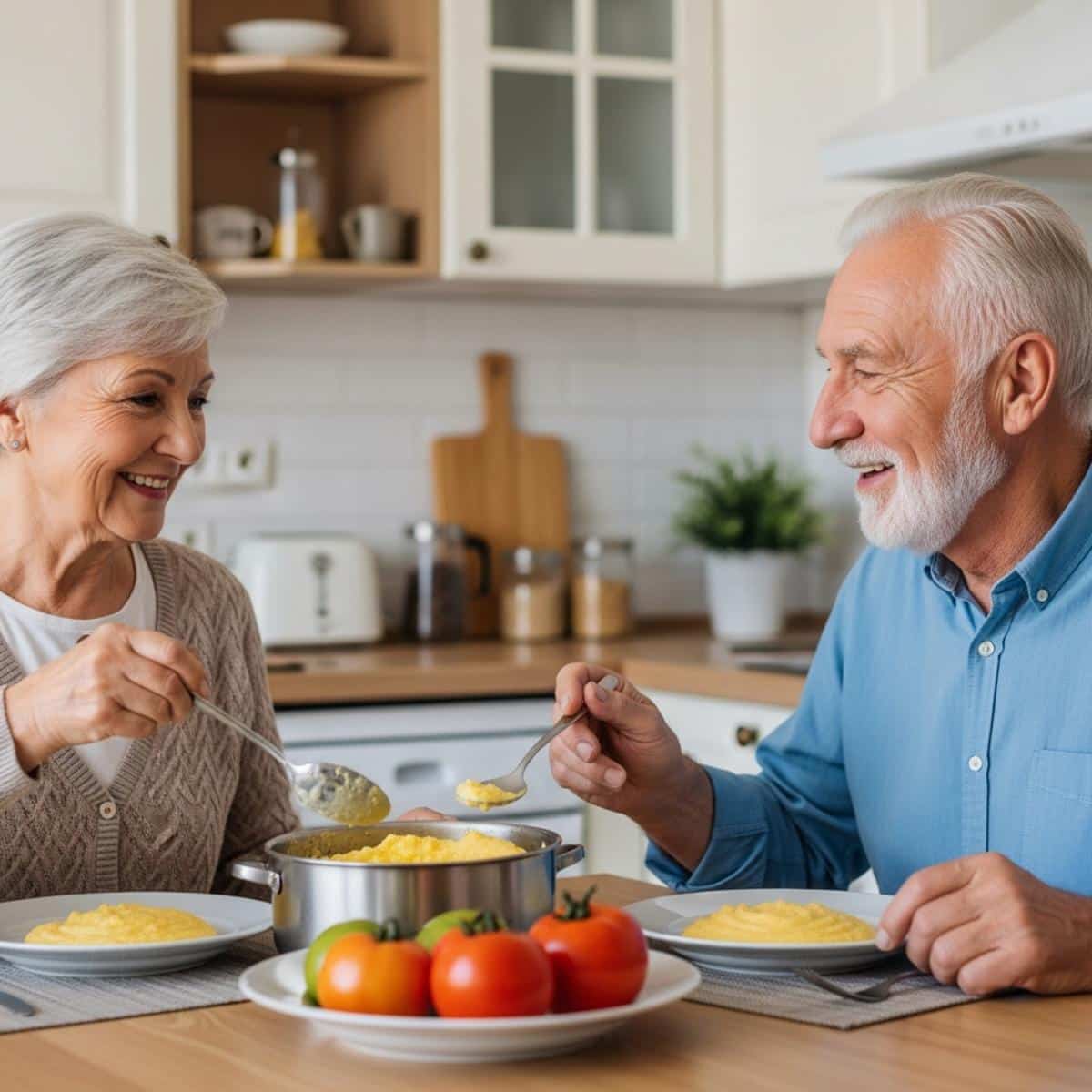 Older couple sharing meal at kitchen table, woman serving creamy polenta to husband, waist-up centered view