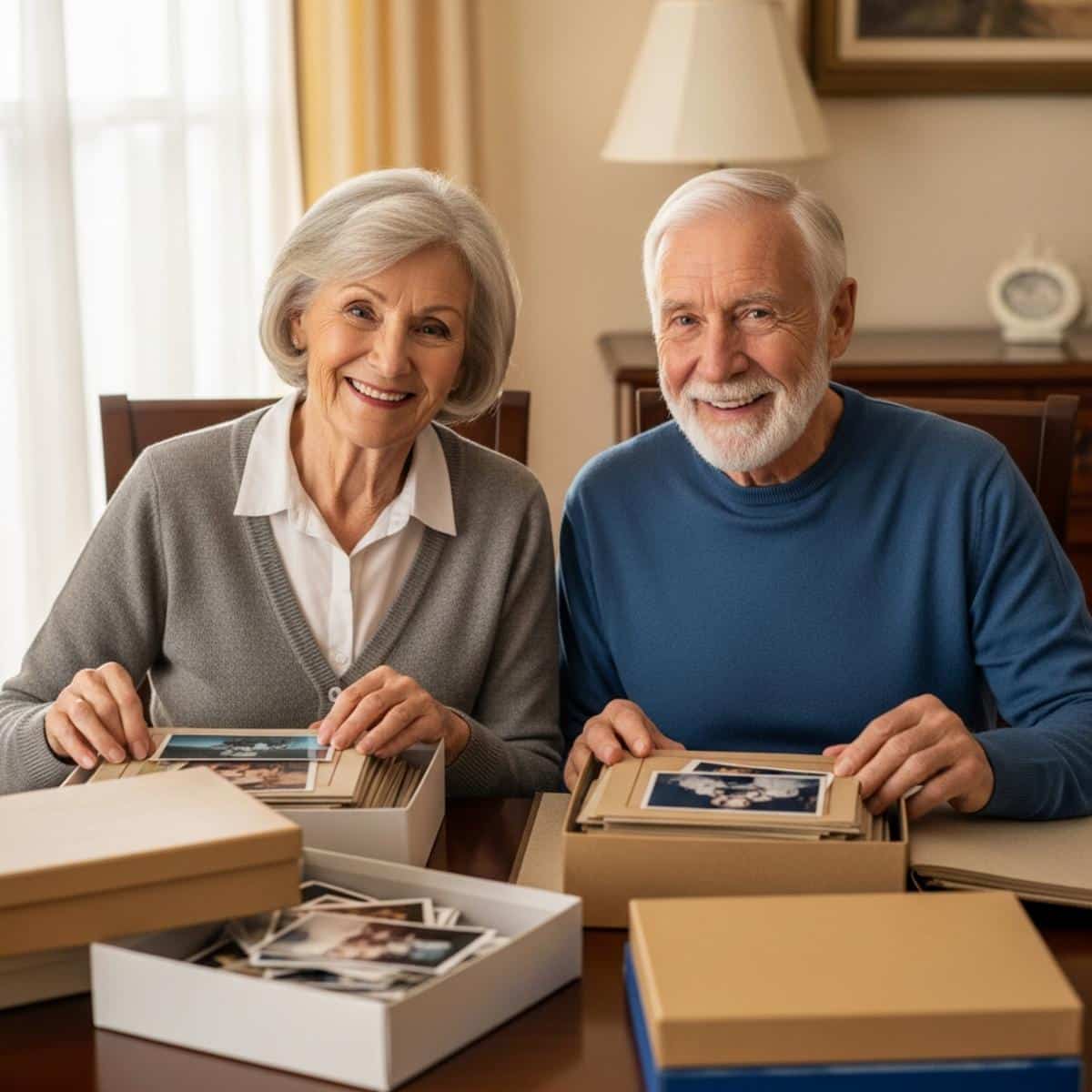 Older couple seated at dining table sorting through photograph boxes together, centered waist-up view