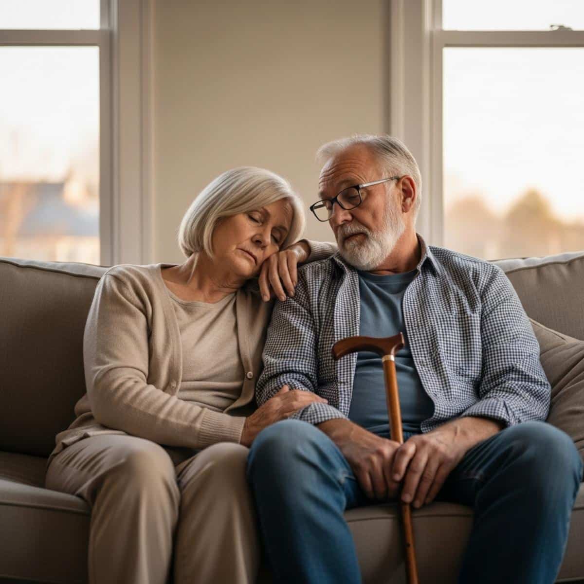 Older couple sitting together on couch at early evening both looking drowsy, one with cane, centered seated view