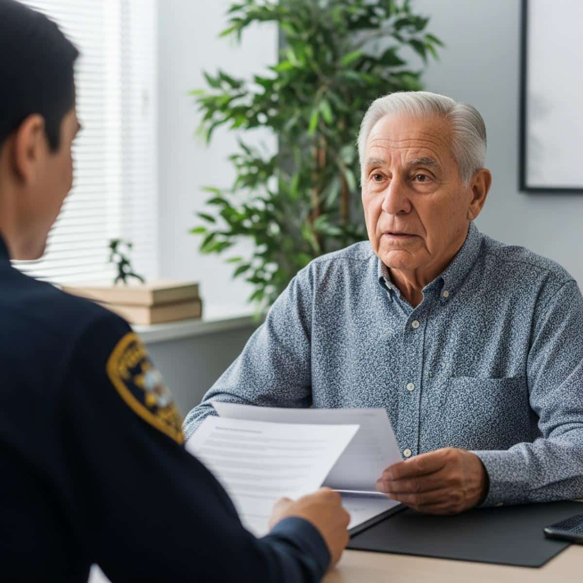 Older man meeting with police officer at desk with documents, centered waist-up view