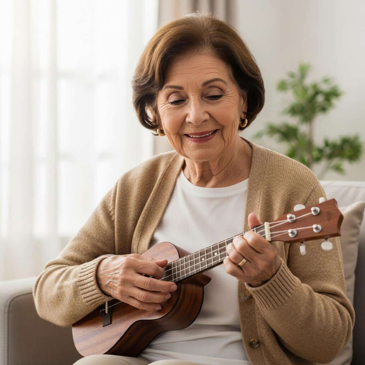 Older woman playing ukulele in living room with gentle smile, waist-up centered view