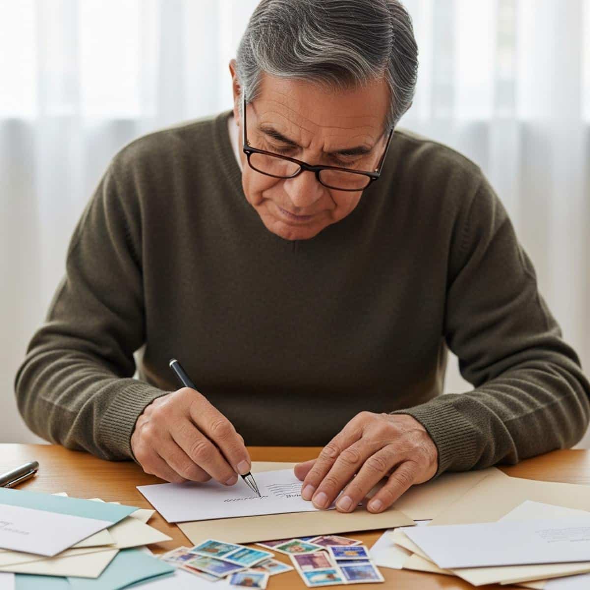 Older man with glasses addressing envelope at desk with cards and stamps, overhead centered view
