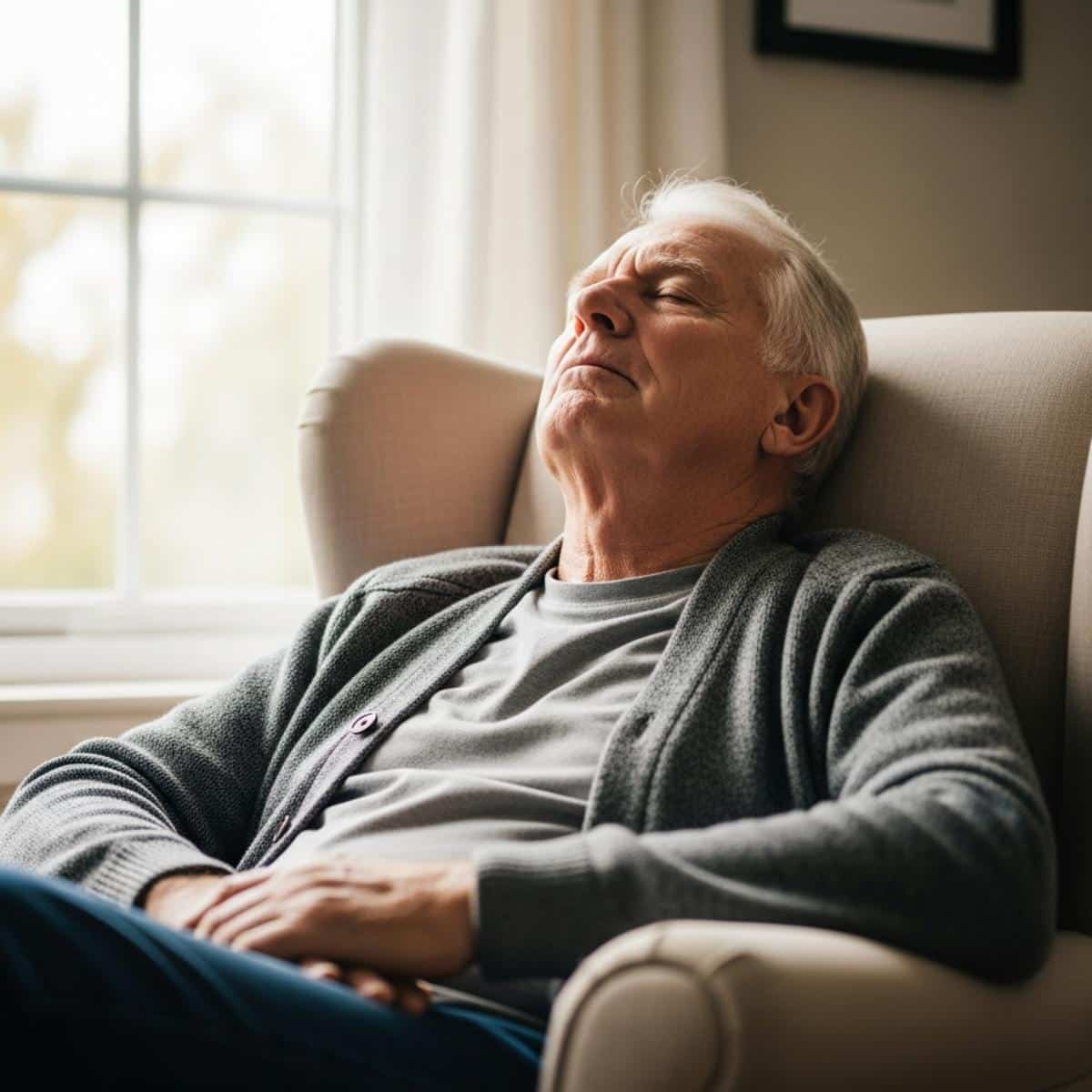Older man napping peacefully in armchair by sunny window, three-quarter centered view