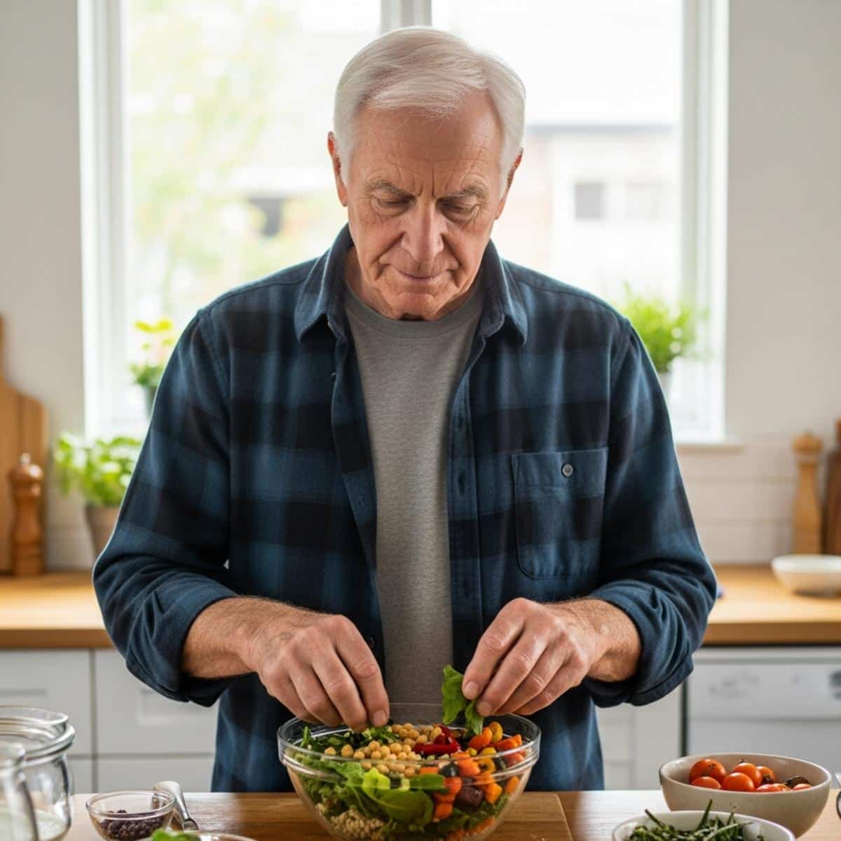 Older man assembling a colorful grain bowl with vegetables and chickpeas at kitchen counter, waist-up centered view