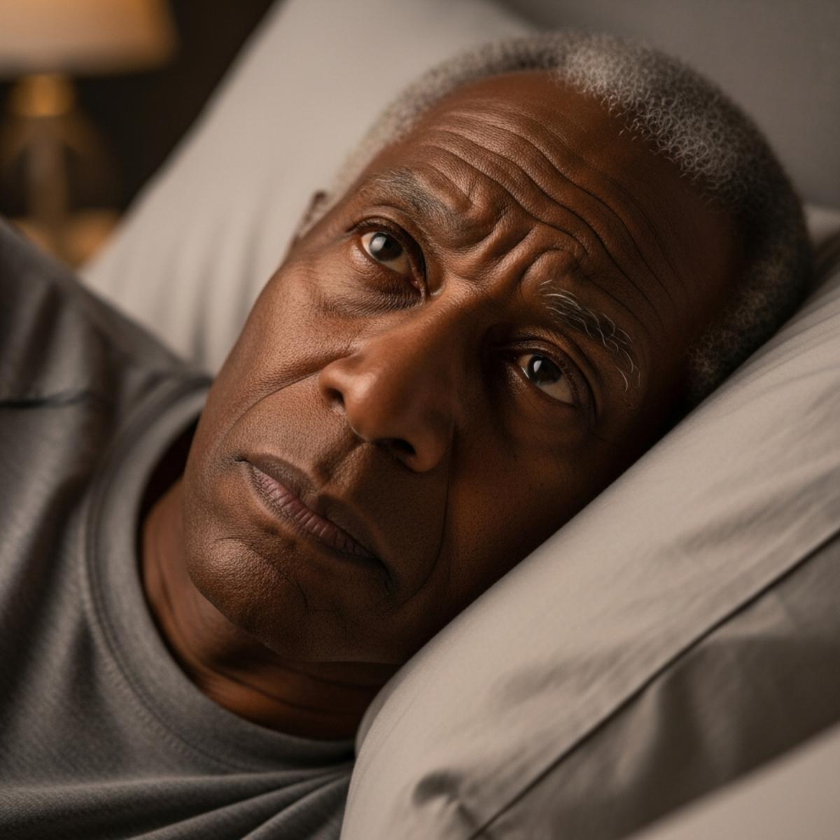 Older man lying awake in bed at night with thoughtful restless expression, propped against pillows, waist-up centered view