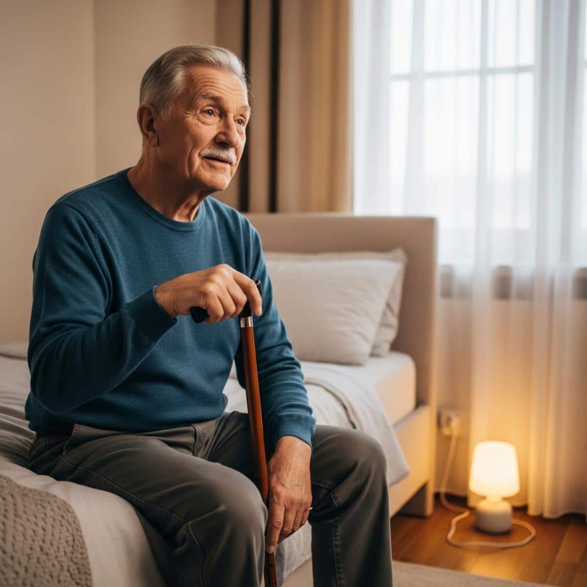 Older man with cane sitting on bed edge in bedroom with floor-level night light visible, waist-up centered view