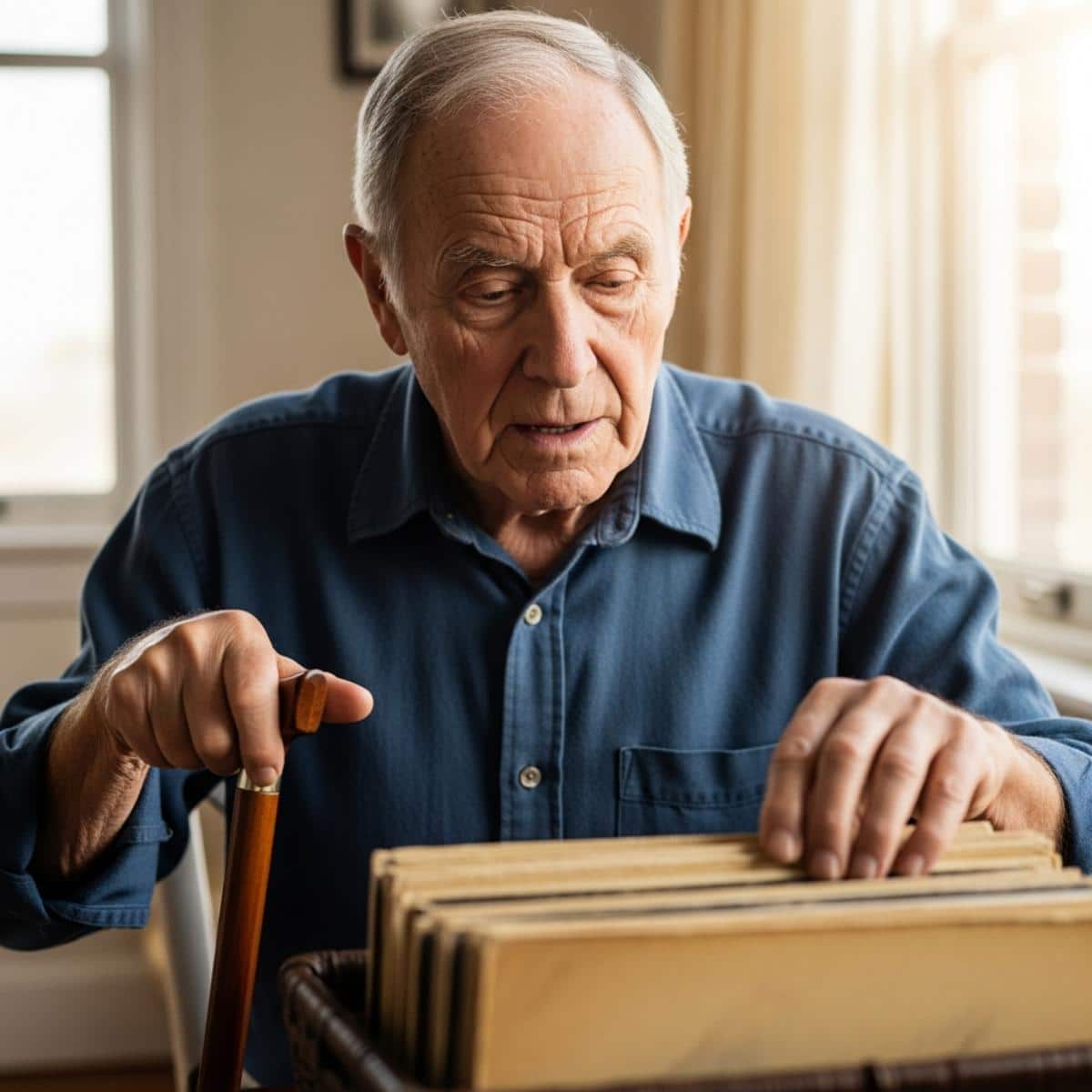 Older man with cane looking through vinyl record collection, centered waist-up view