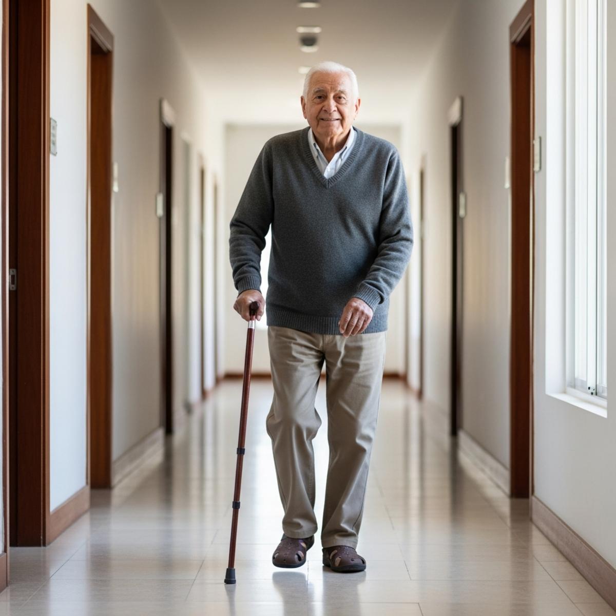 Older man with cane walking through well-lit clear hallway, full-body centered view showing safe environment