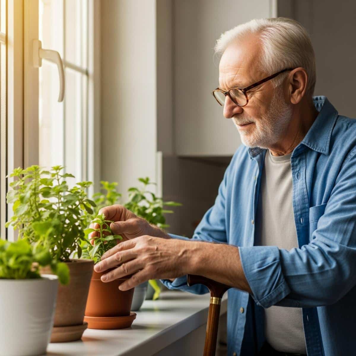 Older man with cane tending to potted plants on windowsill, centered waist-up view