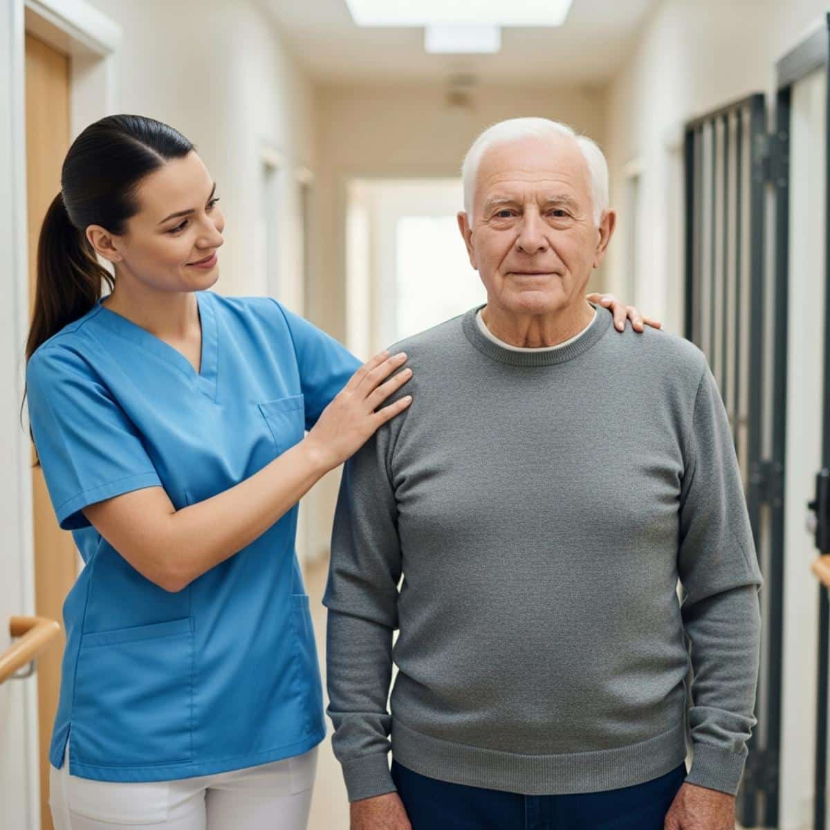 Older man with caregiver's supportive hand in secure hallway, three-quarter centered view