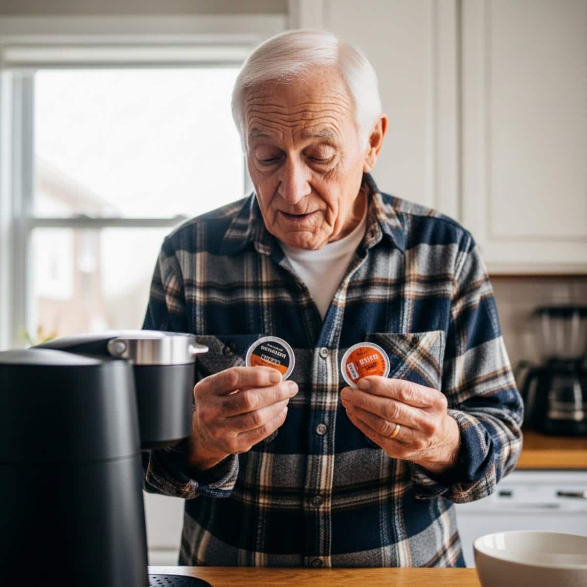Older man in flannel shirt standing at kitchen counter holding two coffee pods next to a single-serve coffee brewer, waist-up centered view