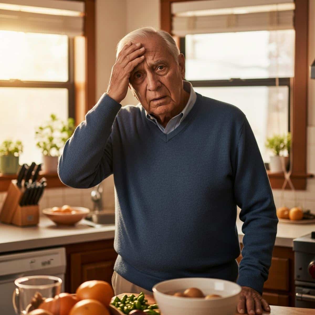 Older man looking confused in kitchen with hand to forehead, centered full-body view