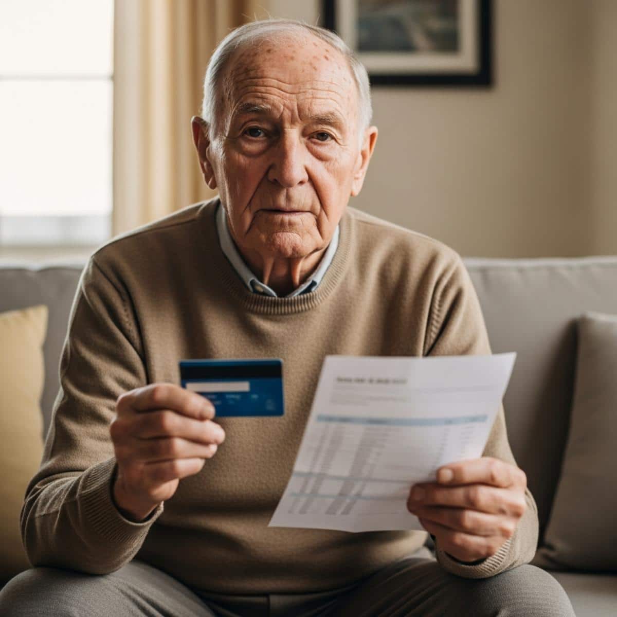 Older man holding debit card and bank statement on sofa with afternoon light, centered waist-up view